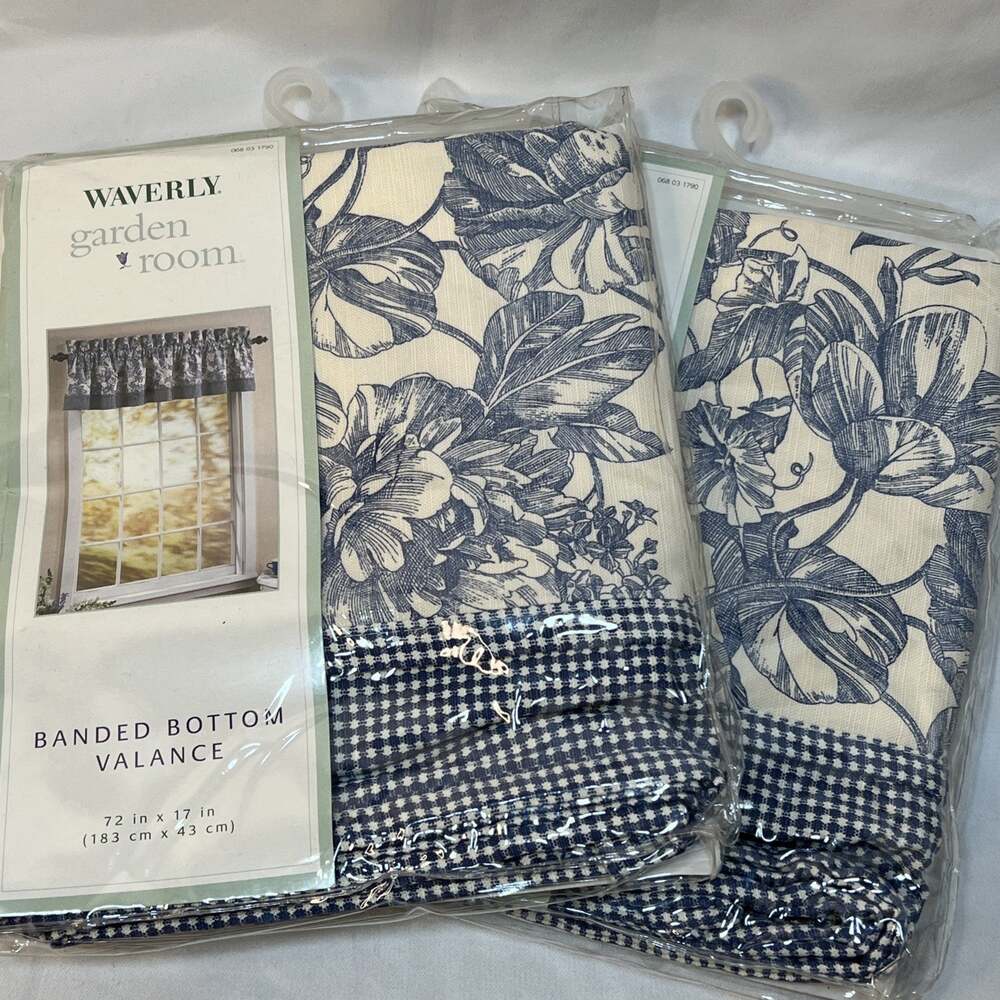 Vintage 2001 Waverly Floral Garden Toile Checks Blue Cream Valance Set of 2